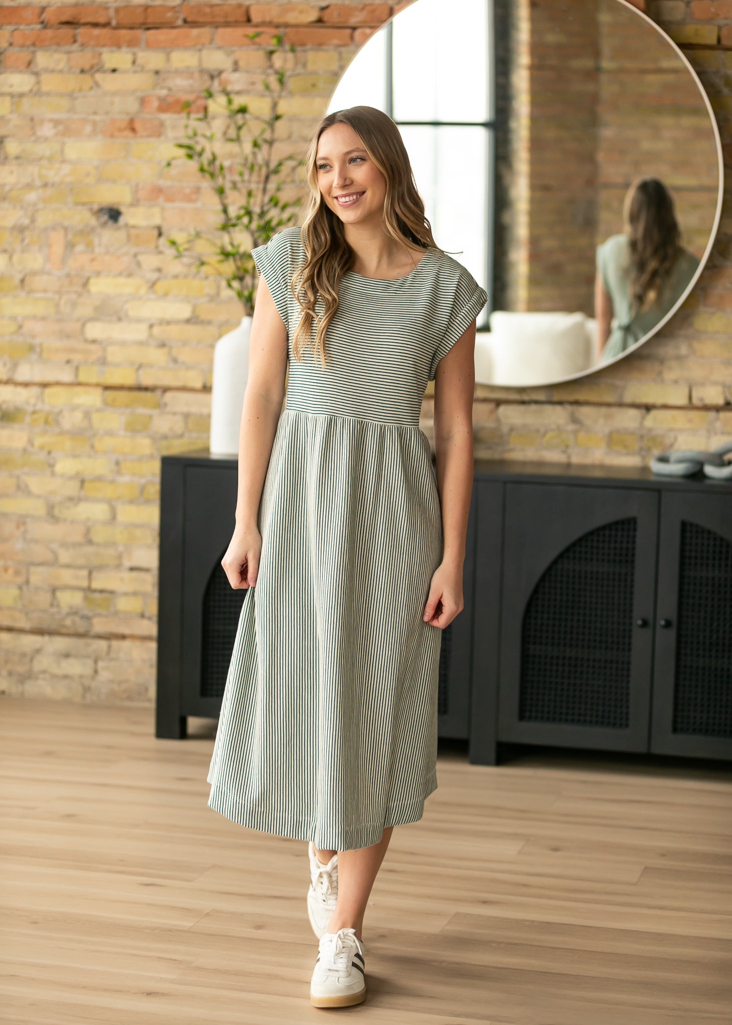 Olivia Green A-line Striped Midi Dress – Woman's World Shop