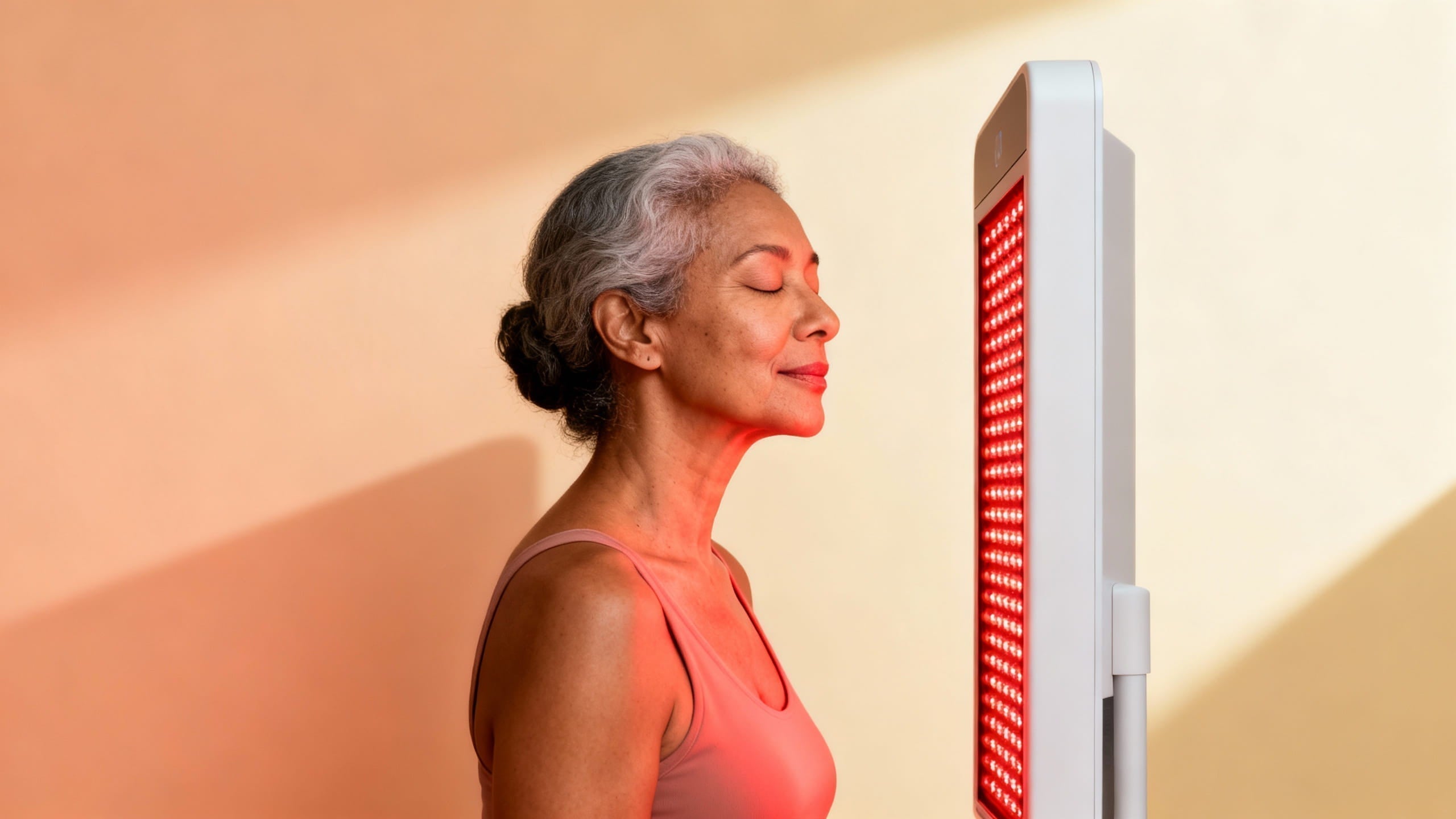 Woman standing in front of a red light therapy panel