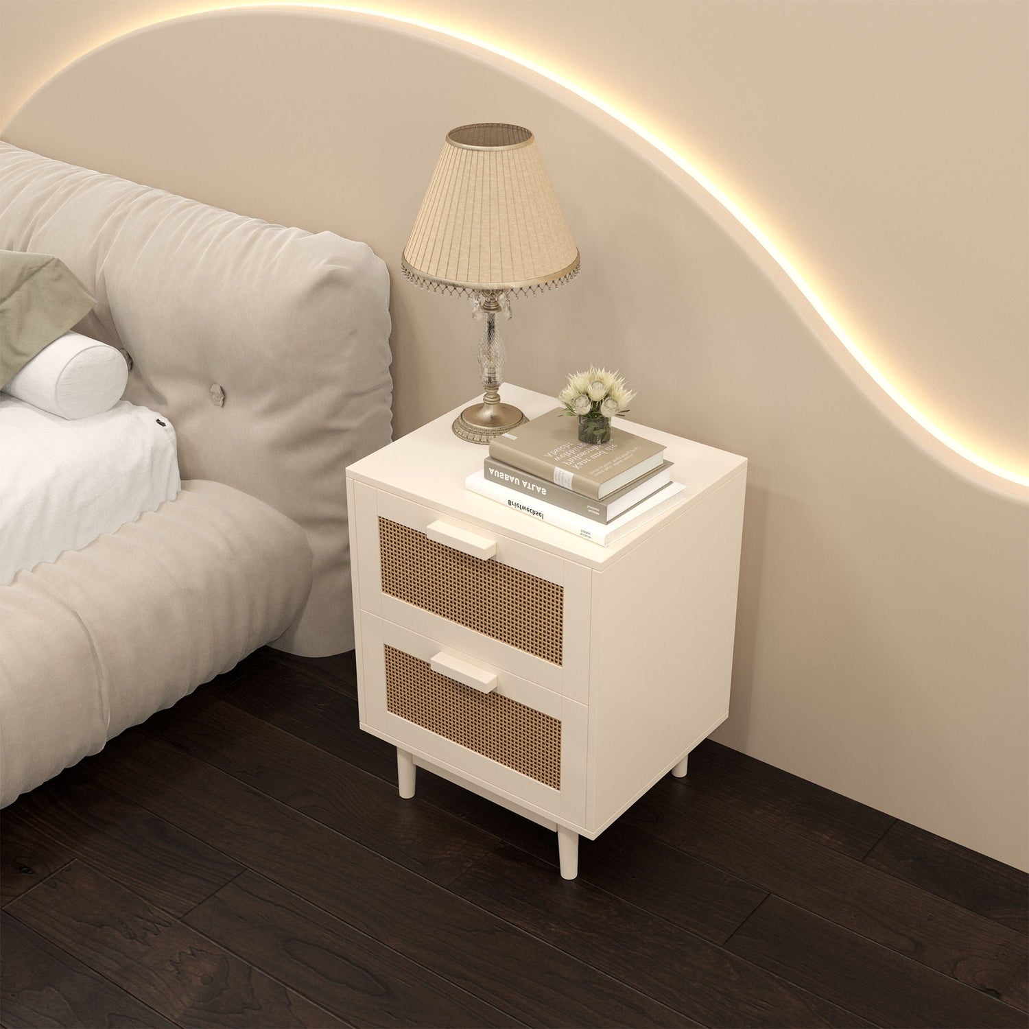 Nightstand With 2 Drawers, Storage Side Table For Bedroom - Antique Natural / Rattan