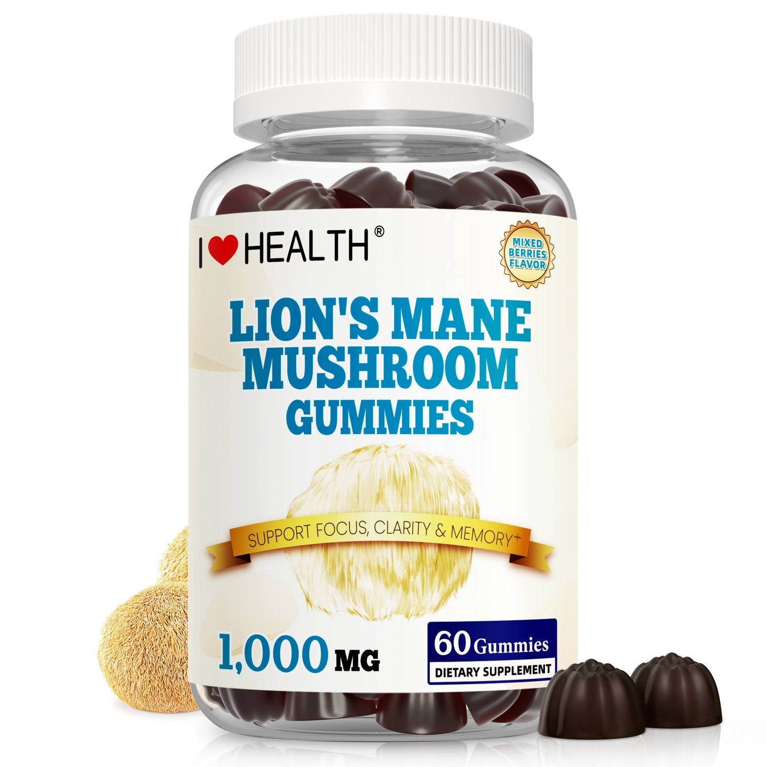 I Love Health Lion’s Mane Mushroom Extract 1000mg – 60 Gummies | Supports Cognitive Function & Mental Clarity | Natural Brain Health Supplement
