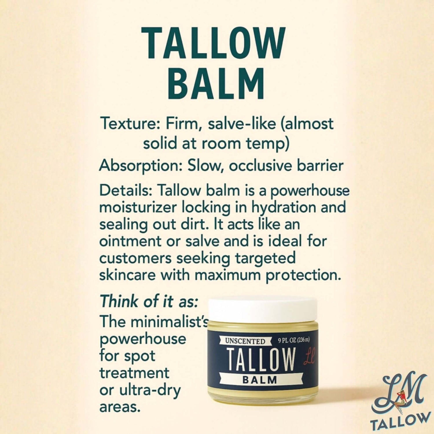 The Lady May Unscented Tallow Balm | Natural Beef Tallow Vitamin E, Jojoba Moisturizer for Face & Body |Clean, Preservative-Free Skincare by Lady May