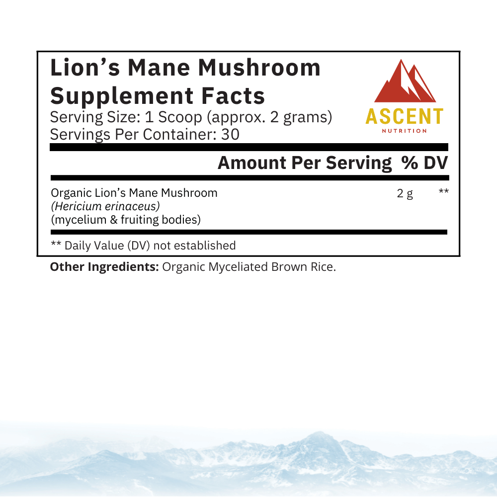 Ascent Nutrition Organic Lion's Mane Mushroom Powder, 2 Grams per scoop