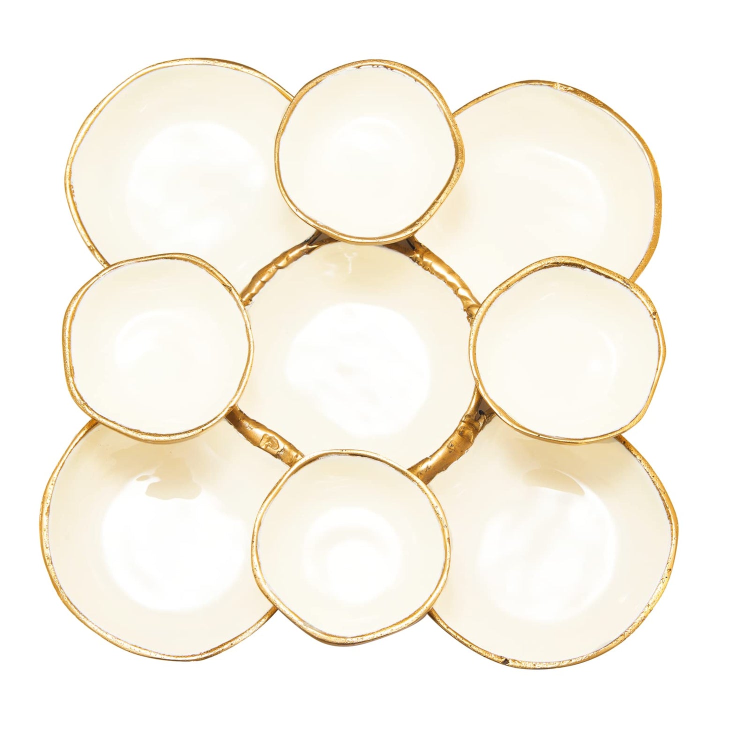 Cluster of 9 Round Serving Bowls Decorative Bowls Gold & White, Brass