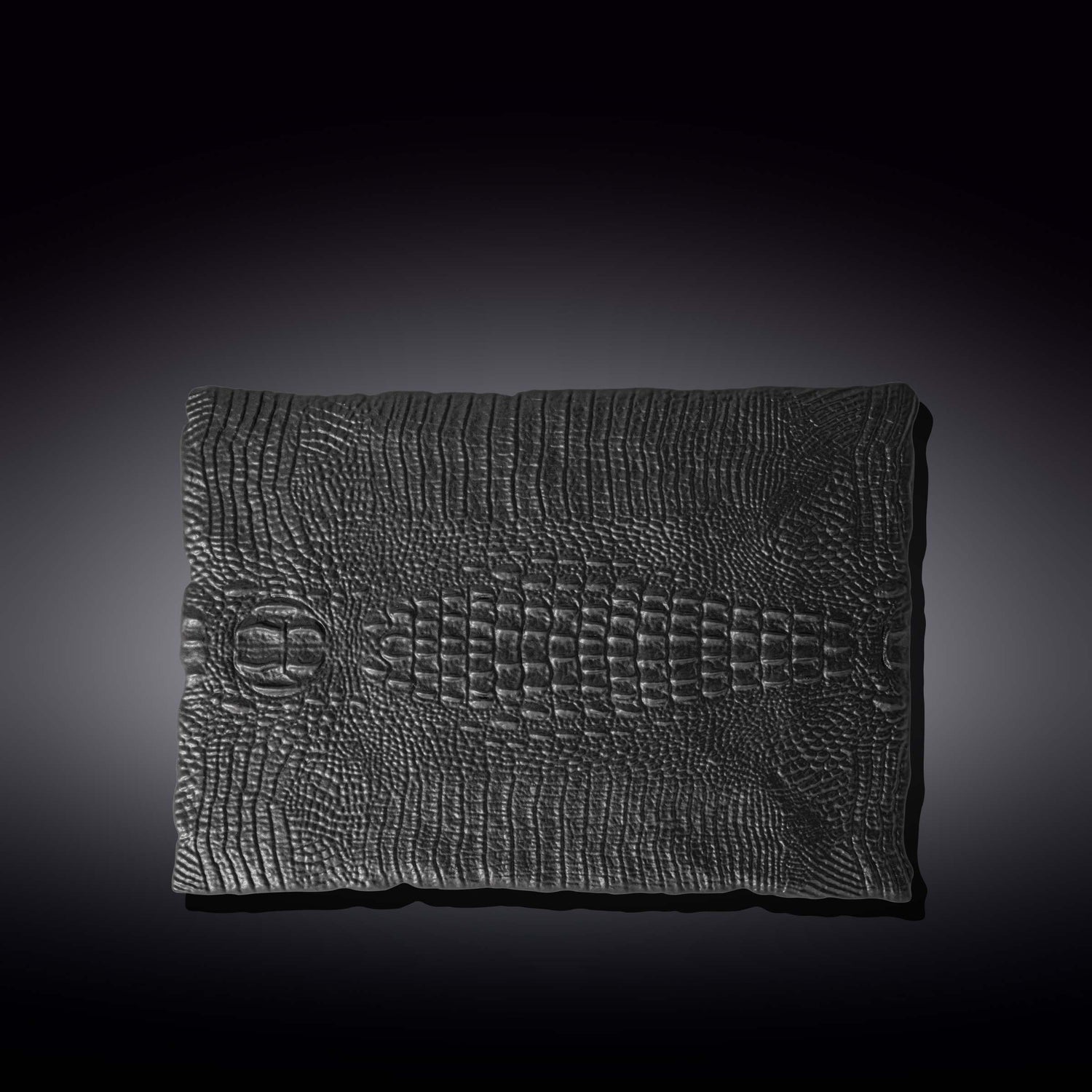 Black Porcelain Slate look Rectangular Serving Dish With Crocodile Skin Texture. 11.75" inch X 8.25" inch