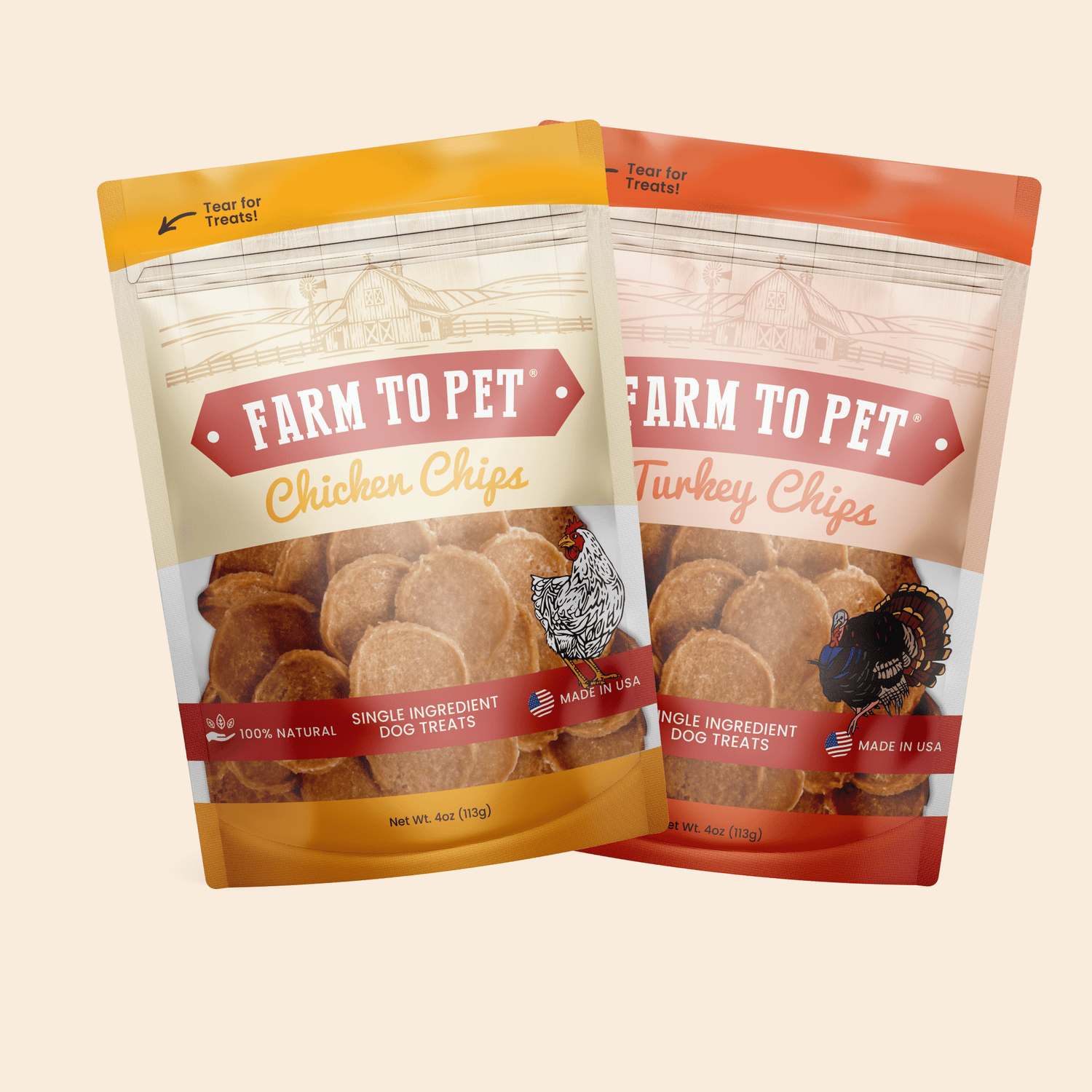 Farm To Pet Turkey & Chicken Chip Dog Treat Duo | Single-Ingredient Poultry Treats for Dogs