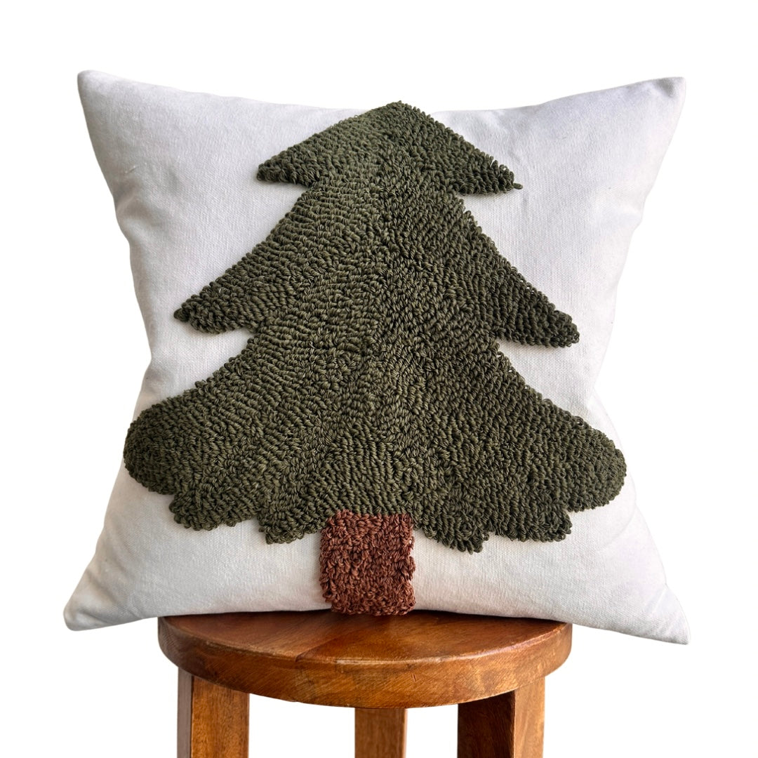 Forest Green Tufted Christmas Tree Pillow Cover
