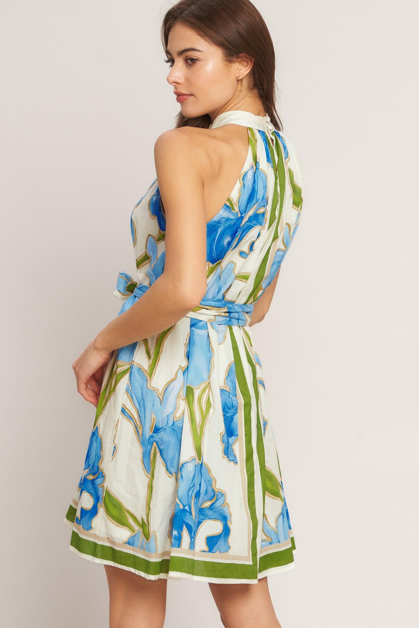 Flying Tomato AZURE BLOOM HALTER WOVEN MINI DRESS