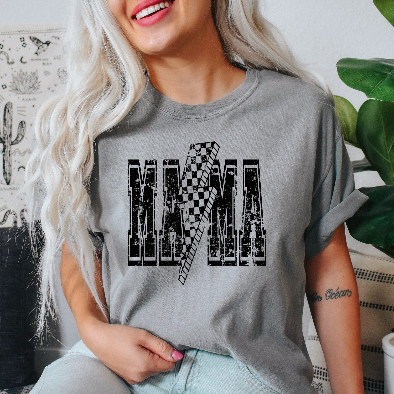 Mama, Lightening Bolt, Vintage, Checkered, Mother's Day, Motherhood, Mom, Comfort Colors Tshirt
