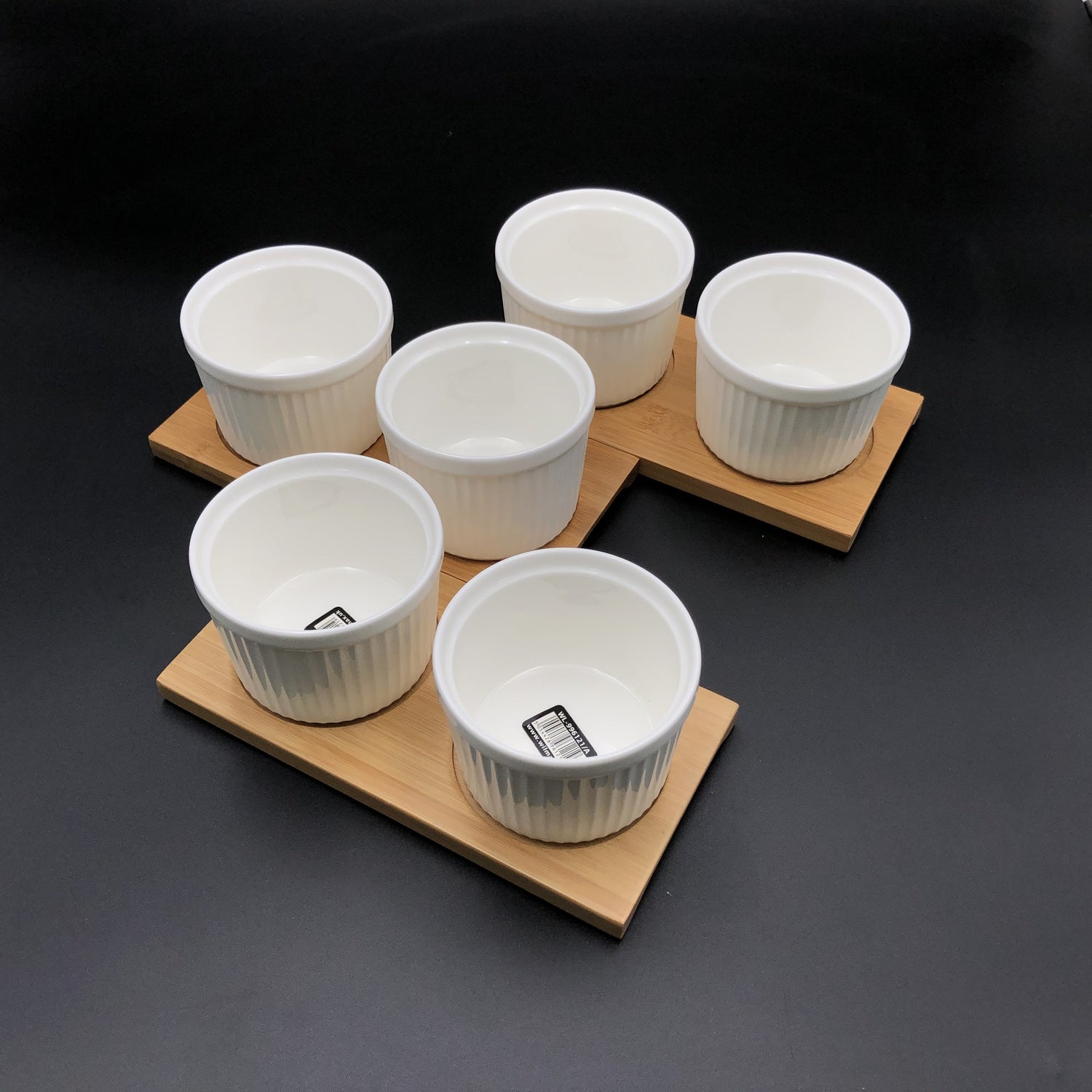 A Set Of 3 Bamboo Double Trays With 6 Fine Porcealin Ramekins To Match