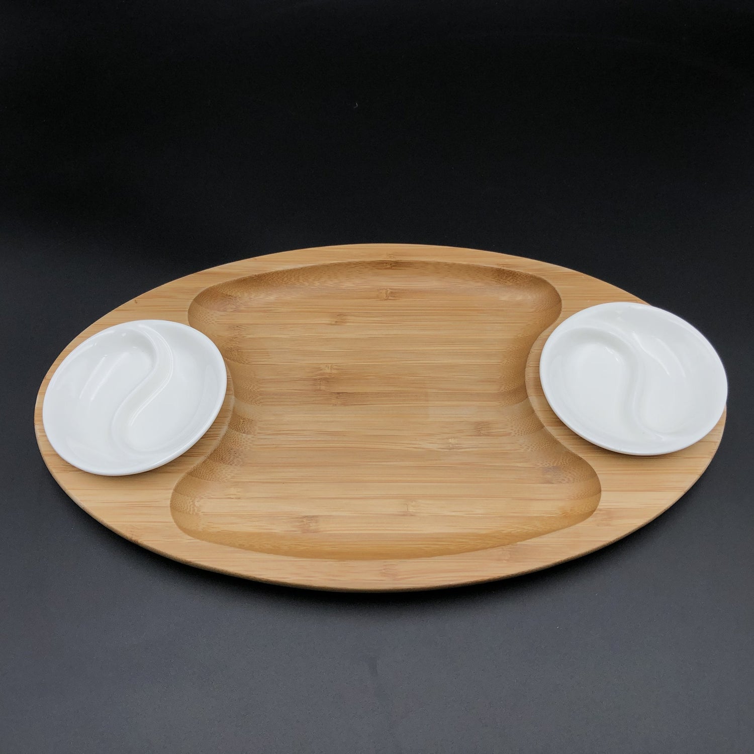 Fine Porcelain And Bamboo Serving Tray Combo Set With A Yin Yang 2 Section Saucer