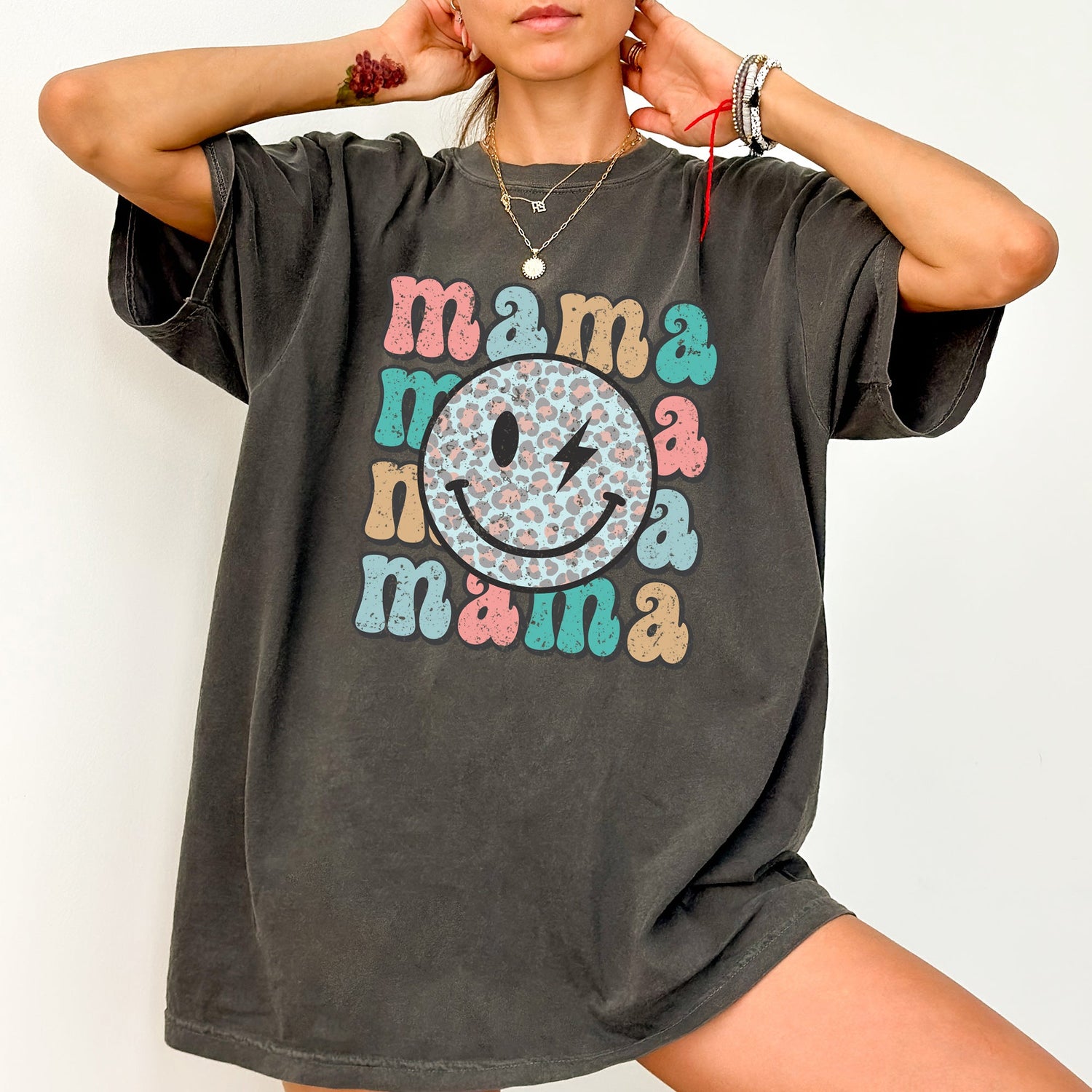 Retro Mama, Smiley, Leopard Print, Mother's Day, Mom, Comfort Colors Tshirt