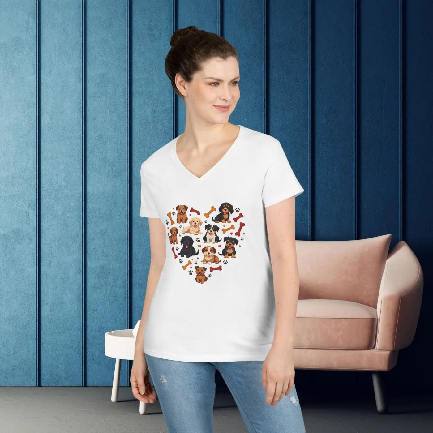 Dog Lovers V-neck – Heart Design Cotton Top - Dipaliz