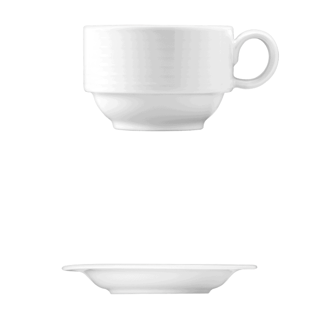 Corby Hall Duo Cup, Stackable || Saucer | Catalog Number: 010 0215 | Dimensions: 4.5 fl oz (150 ml) || Catalog Number: 010 0211 | Dimensions: 5 1/4 in (13 cm)