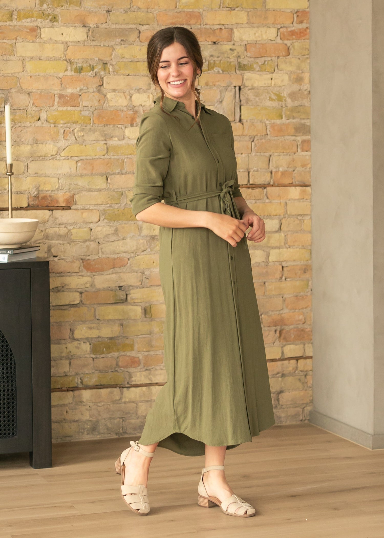 Inherit Co. Essential Olive Long Sleeve Linen Shirt Dress