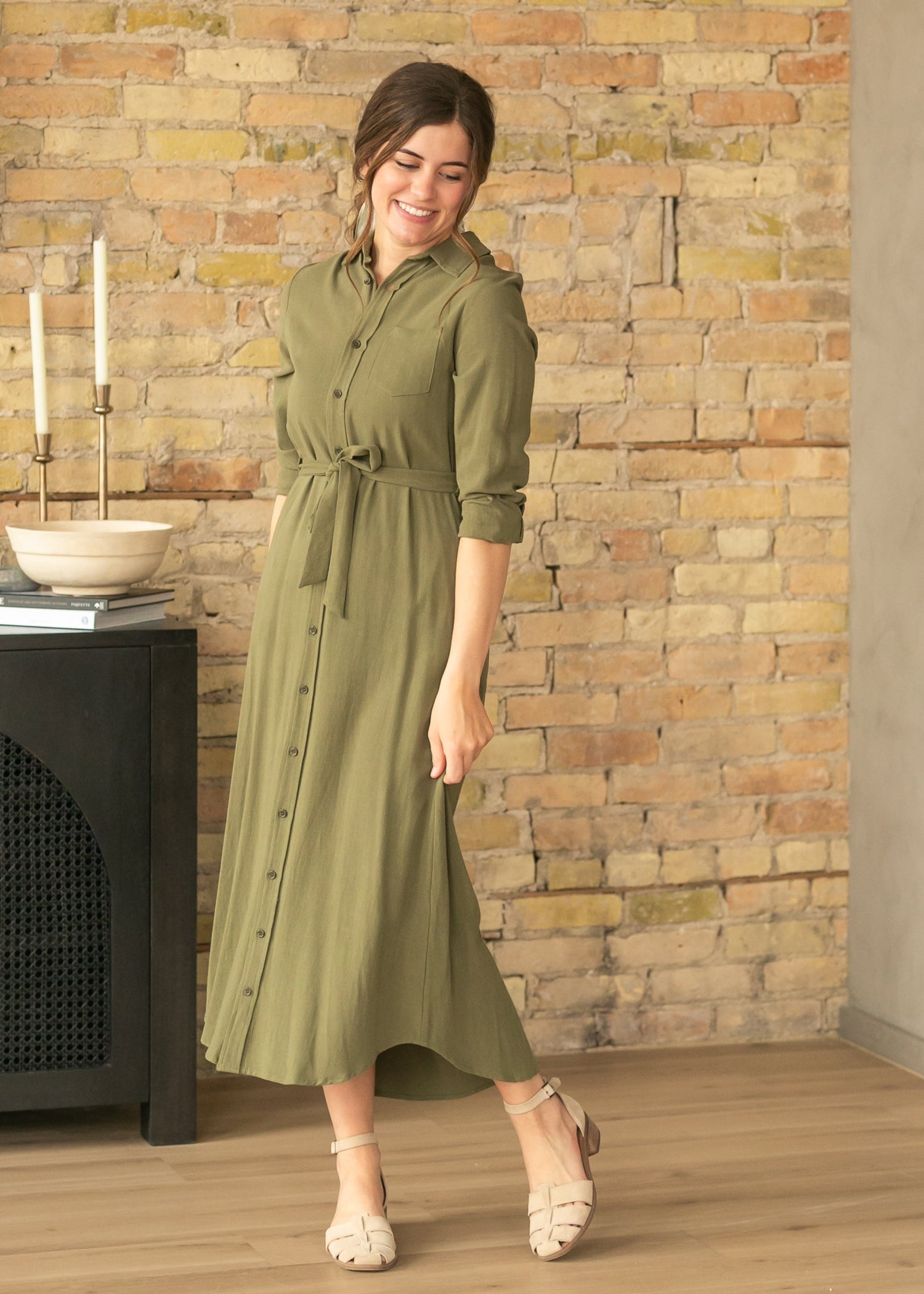 Inherit Co. Essential Olive Long Sleeve Linen Shirt Dress