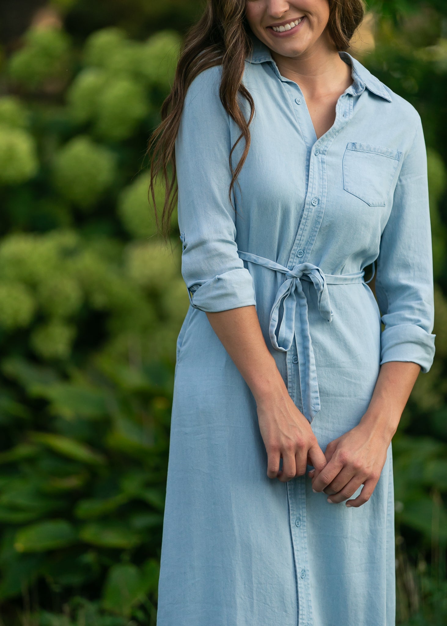 chambray maxi shirt dress Hazel Chambray Long Sleeve Dress – Woman's World Shop