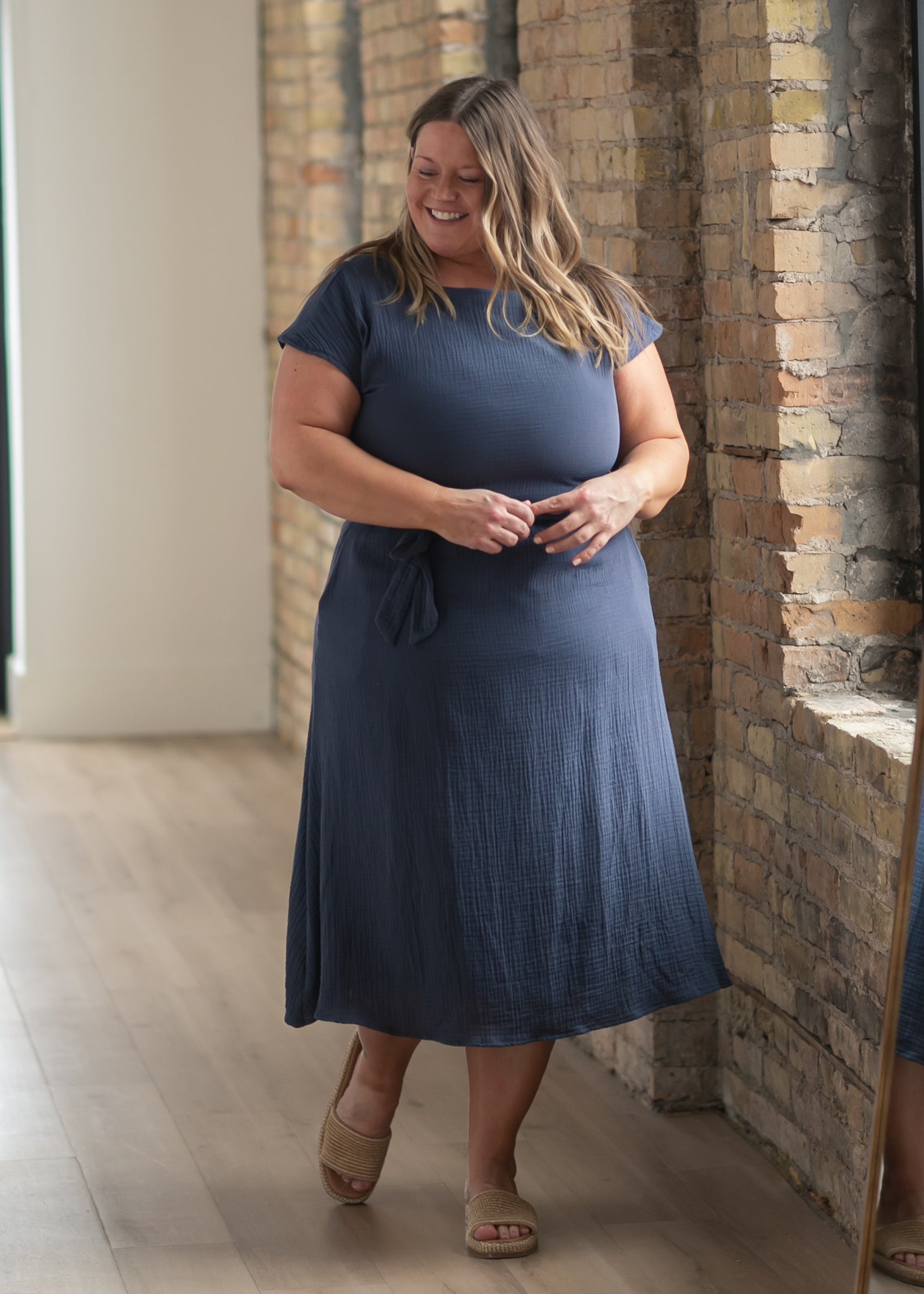 Inherit Co. Lily Navy Gauze Belted Midi Dress