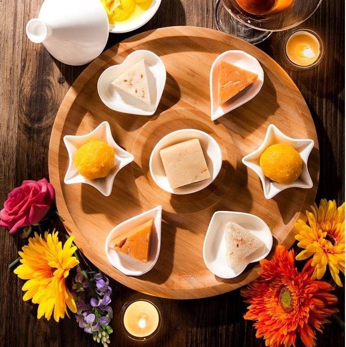 Bamboo Round 2 Section Platter 14" inch | For Appetizers / Barbecue / Burger Sliders